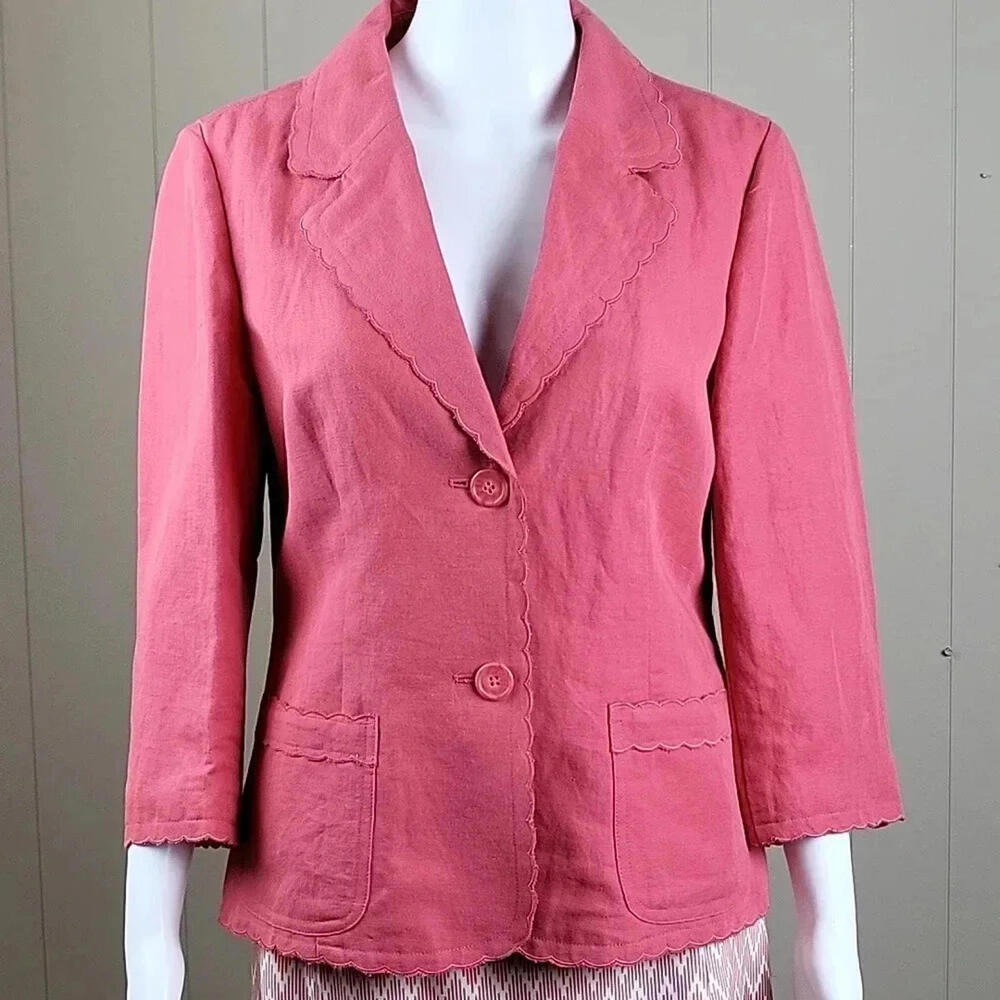 Harold's Linen Blend Scalloped Edge 3/4 Sleeve Button Front Jacket Blaze…